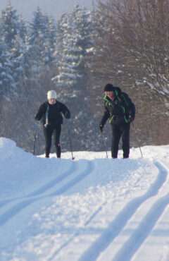 Ein Skilehrer der Skischule Lamer Winkel macht den Lernkurs auf der Loipe